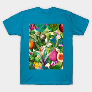 Vibrant tropical floral leaves and fruits floral illustration, pink green fruit pattern over a T-Shirt